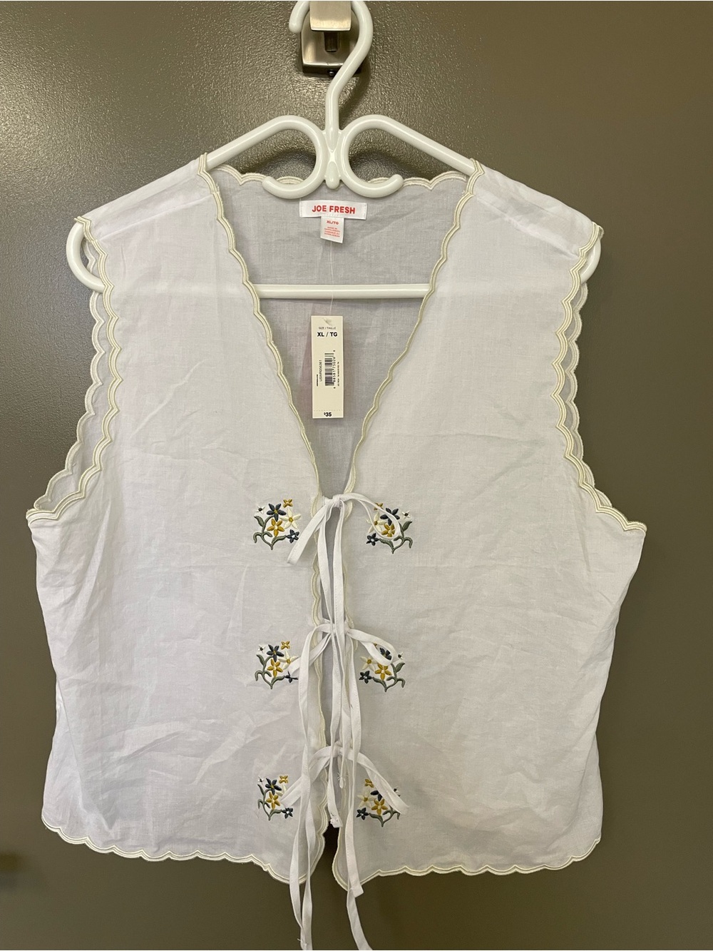 Joe Fresh White Cotton Embroidered Tie-Front Camisole